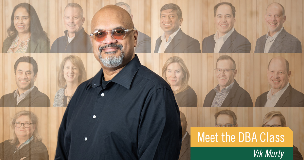 A profile picture of Vik Murty stands against a background of other profile pictures of DBA candidates.