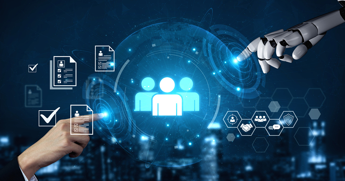 Human hand reaching out to robot hand.