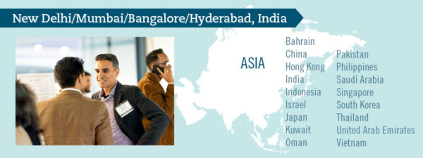 An illustration that includes a map of Asia, a list of countries in which Babson has an alumni club, and a photo of the India club
