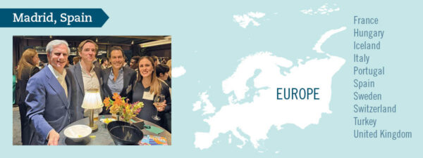 An illustration that includes a map of Europe, a list of countries in which Babson has an alumni club, and a photo of the Spain club
