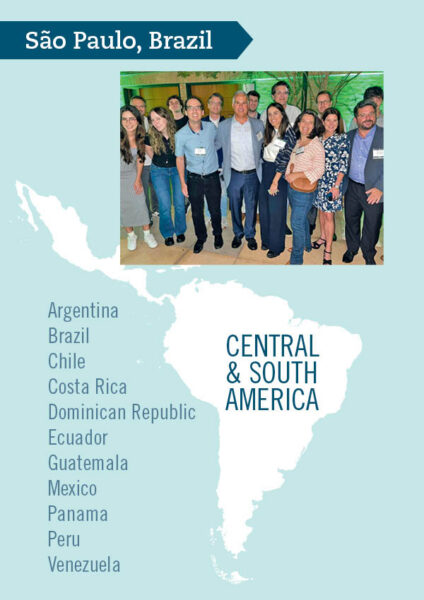 An illustration that includes a map of Central and South America, a list of countries in which Babson has an alumni club, and a photo of the Brazil club