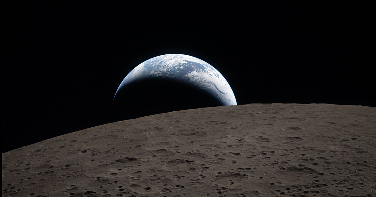 The Earth rises above the horizon of the moon during Earthset captured through the Orion spacecraft window at 6:41 p.m. EDT, April 6, 2026, during the Artemis II crew’s flyby of the Moon.