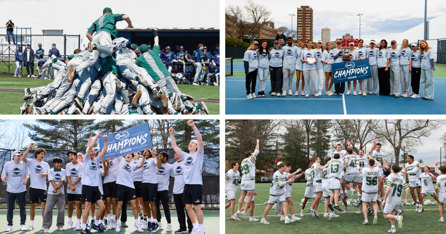 A four‑panel collage showing college athletics celebrations. In one image, a group of baseball players in gray and green uniforms jump into a pile on a field during a celebration, with a dugout and other players nearby. Another image shows a group standing on a tennis court holding a sign that reads ‘CHAMPIONS 2026,’ with buildings and trees in the background. A third image shows a group wearing matching ‘CHAMPIONS 2026’ T‑shirts raising a trophy together outdoors. The final image shows a lacrosse team in white and green uniforms jumping and celebrating on a field with a scoreboard and trees behind them.