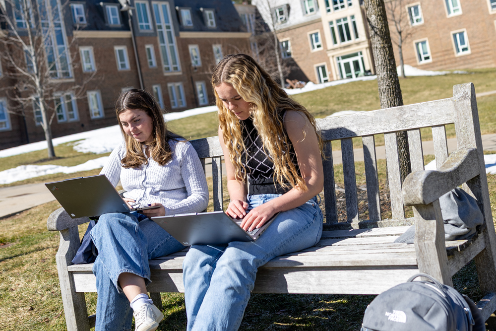 Two students work on their laptops while sitting on a bench on a bright, sunny day