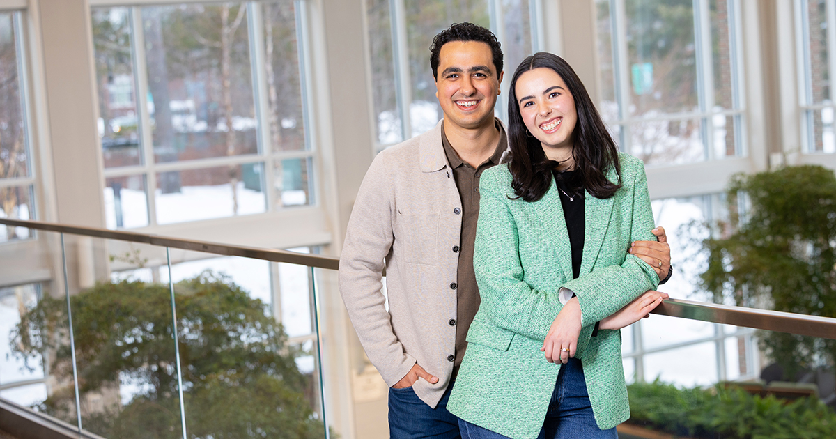 Javier Martínez Abrego Cantú and Roberta Maldonado Sistos pose for a portrait at Babson Commons