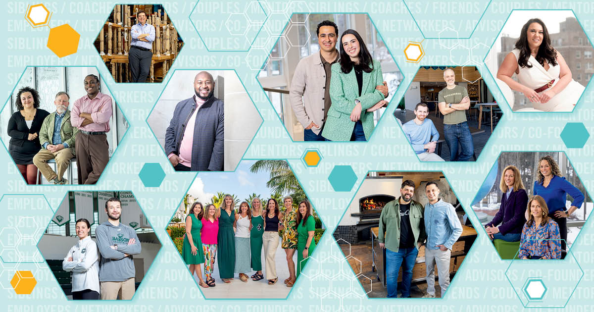 A collage of photos in a series of hexagons, matching the cover of Babson magazine
