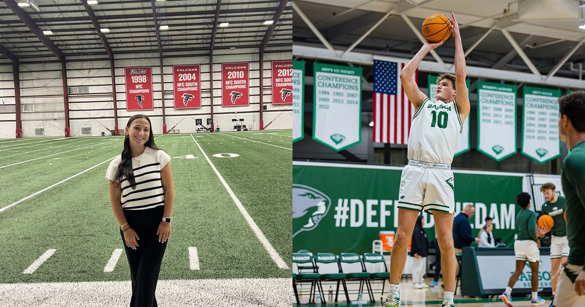 Carolina Welch ’26 (left) in Atlanta and Tyler Lauder ’26 (right) playing basketball