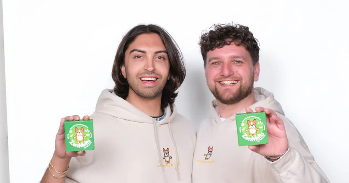 Two men holding a pet wellness product they created called supplamelts.