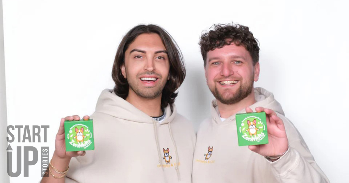 Two men holding a pet wellness product they created called supplamelts.
