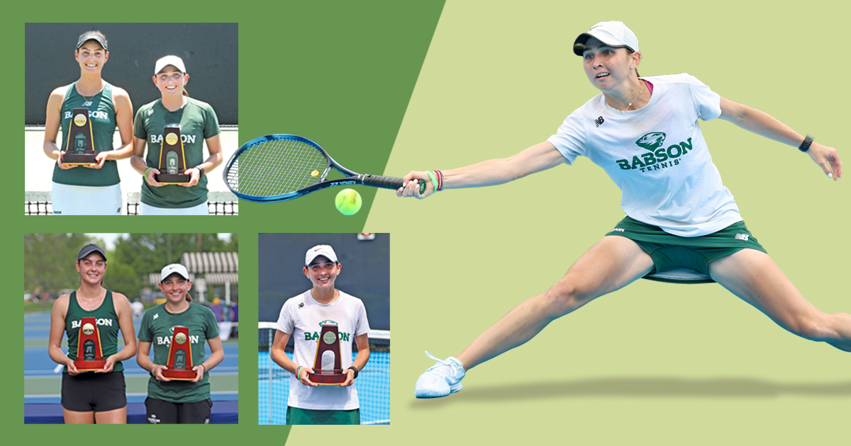 Composite image of an action photo of Matia Cristiani, with three inset photos of her posing with her national title trophies.