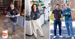 Babson-born entrepreneurs Eric Girouard ’08 (left photo), founder and CEO of Brunt Workwear; Nathalya Mamane MBA’21 (center photo), co-founder and CEO of Anywhere Dx; and Alejandro Mejia Nauffal MBA’27 (photo right, at left) and Rodrigo Vogeler MBA’27, two of the co-founders Go Revo (Photos: Nic Czarnecki/Babson College)