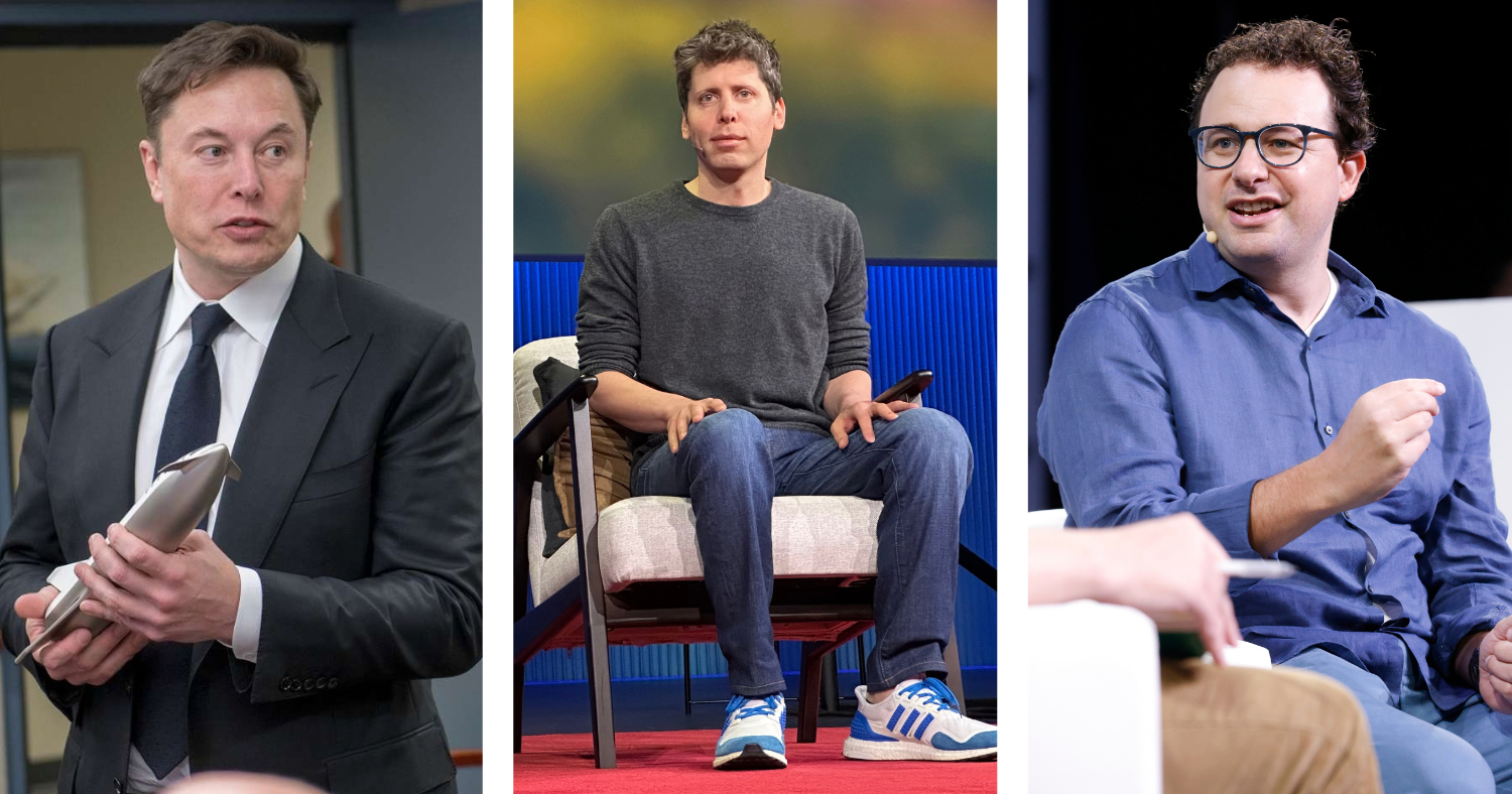 Three side-by-side photos of Elon Musk, Sam Altman, and Dario Amodei