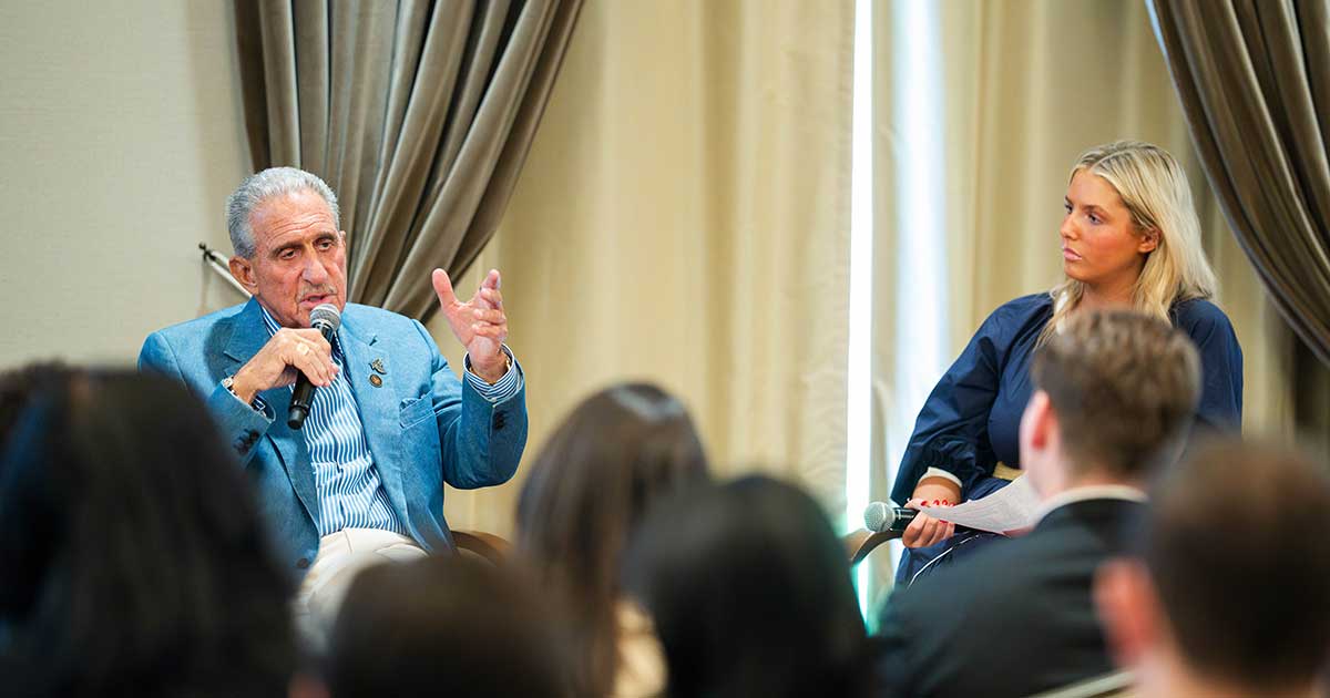 Arthur M. Blank ‘63, H’98 gestures while speaking to a room of students