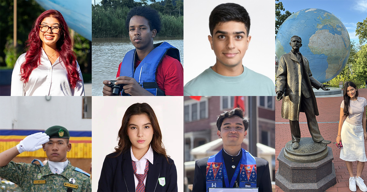 Photos, clockwise from top left: Veronica Lucena ’30, Ilik Mohamed ’30, Aarav Nandwani ’30, Niza Noeun ’30, Hanif Rafif ’30, Dinara Shayakhmet ’30, Jigme Wangchuck ’30