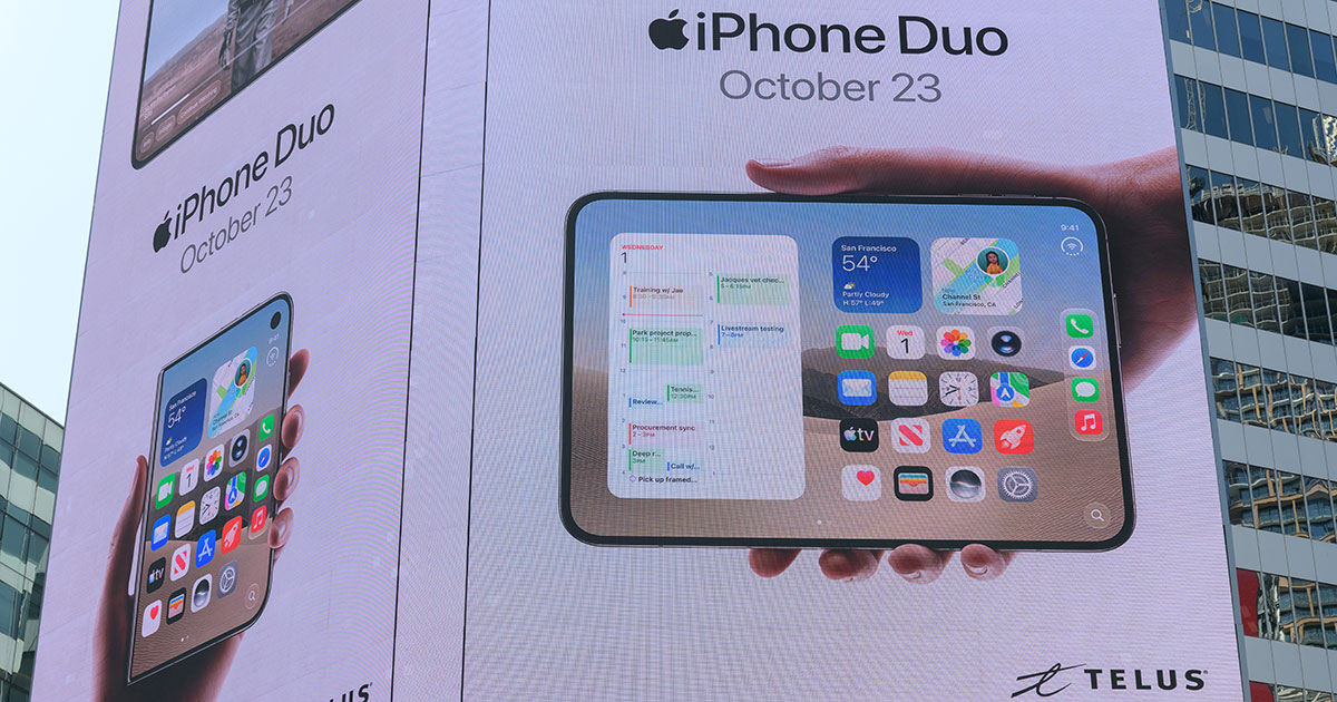 A video billboard advertises iPhone Duo