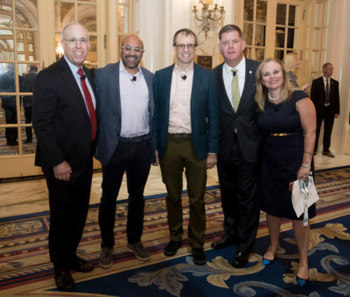 From left to right: Babson President President Stephen Spinelli Jr. MBA’92, PhD; Niraj Shah and Steve Conine, Cofounders of Wayfair; Boston Mayor Marty Walsh; Katherine Craven, Chief Administrative and Financial Officer