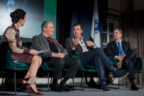 From left to right: Linda Pizzuti Henry '00, H'19, Managing Director of Boston Globe and Co-Founder of HUBweek; Arthur M. Blank '63 H'98, Owner and Chairman of Blank Family of Businesses and Co-Founder of The Home Depot; Phil Castellini '92, President and Chief Operating Officer of the Cincinatti Reds; Geoff Molson MBA'96, Owner, President, and CEO of the Montreal Canadiens