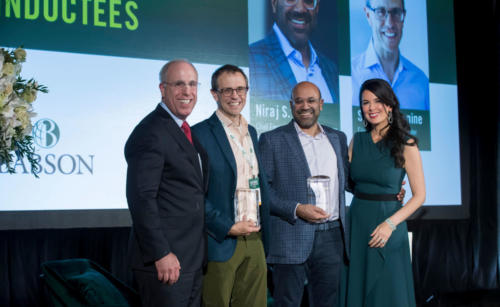 Babson President President Stephen Spinelli Jr. MBA’92, PhD with Niraj Shah and Steve Conine, Cofounders of Wayfair, and Linda Pizutti Henry '00, H'19, Managing Director of Boston Globe and Co-Founder of HUBweek
