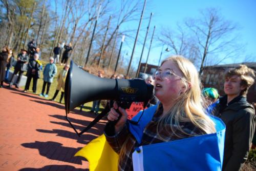 Rally organizer and Ukrainian Liliia Alieksanova '25 prepares the group to march at the student-led Ukraine demonstration on March 8, 2022.