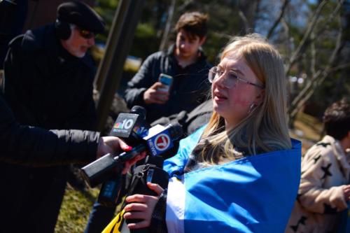 Rally organizer and Ukrainian Liliia Alieksanova '25 conducts an interview at the student-led Ukraine demonstration on March 8, 2022.