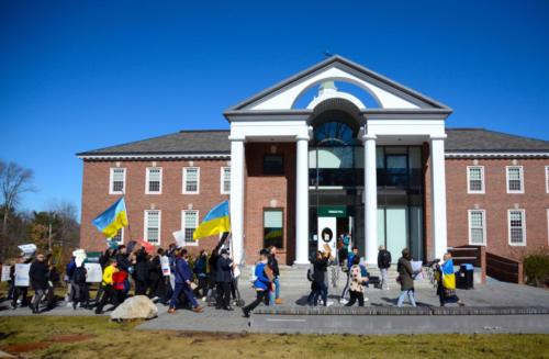 Community members march at the student-led Ukraine demonstration on March 8, 2022.
