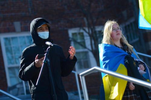 A community member speaks at the student-led Ukraine demonstration on March 8, 2022.