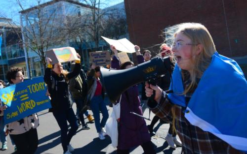 Rally organizer and Ukrainian Liliia Alieksanova '25 leads a march at the student-led Ukraine demonstration on March 8, 2022.